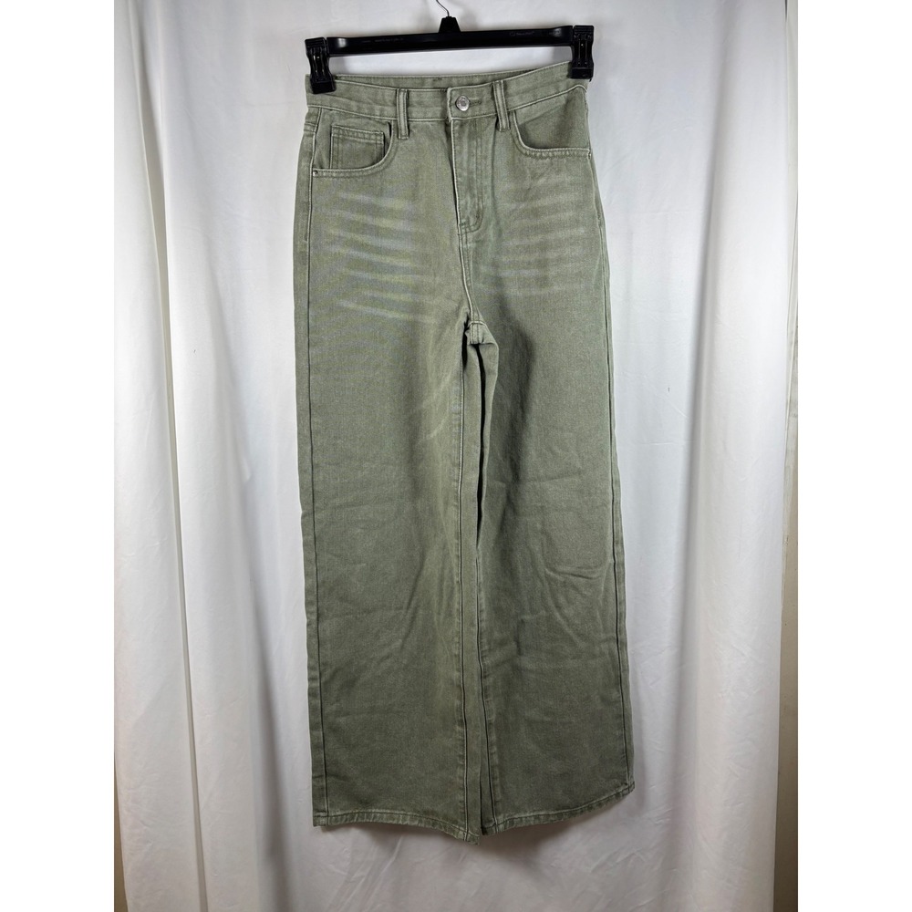 SHEIN Womens Wide Leg Jeans Olive Green High Waisted Baggy Denim Pants Size XS